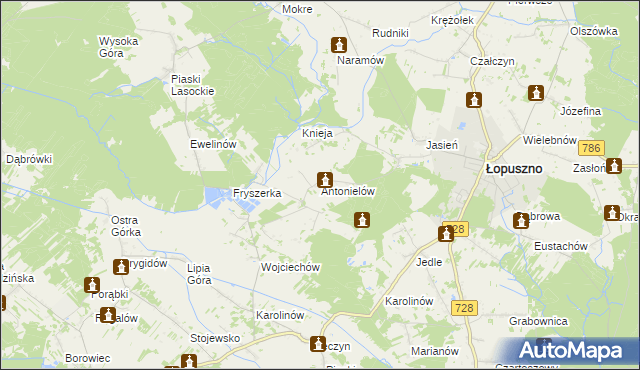 mapa Antonielów gmina Łopuszno, Antonielów gmina Łopuszno na mapie Targeo