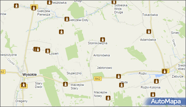 mapa Antoniówka gmina Wysokie, Antoniówka gmina Wysokie na mapie Targeo