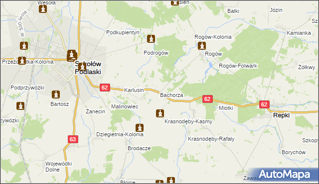 mapa Bachorza gmina Sokołów Podlaski, Bachorza gmina Sokołów Podlaski na mapie Targeo