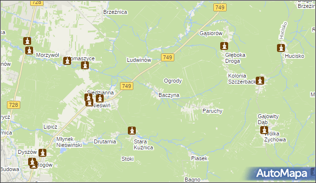 mapa Baczyna gmina Końskie, Baczyna gmina Końskie na mapie Targeo