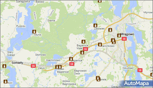 mapa Bagienice Małe gmina Mrągowo, Bagienice Małe gmina Mrągowo na mapie Targeo