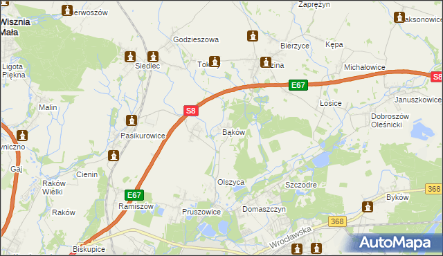 mapa Bąków gmina Długołęka, Bąków gmina Długołęka na mapie Targeo