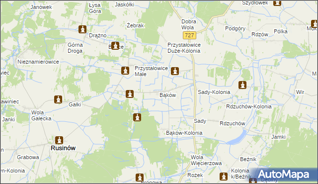 mapa Bąków gmina Rusinów, Bąków gmina Rusinów na mapie Targeo