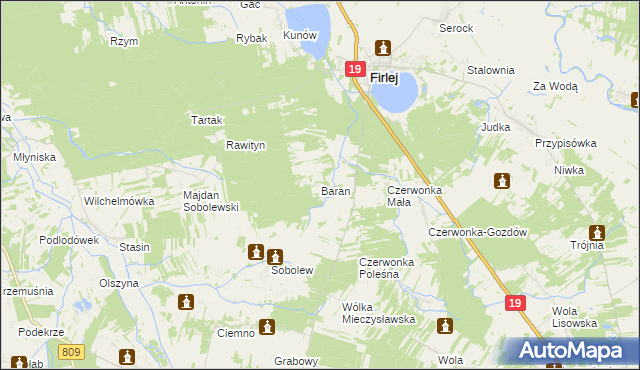 mapa Baran gmina Firlej, Baran gmina Firlej na mapie Targeo