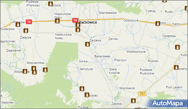 mapa Baranówek gmina Baćkowice, Baranówek gmina Baćkowice na mapie Targeo