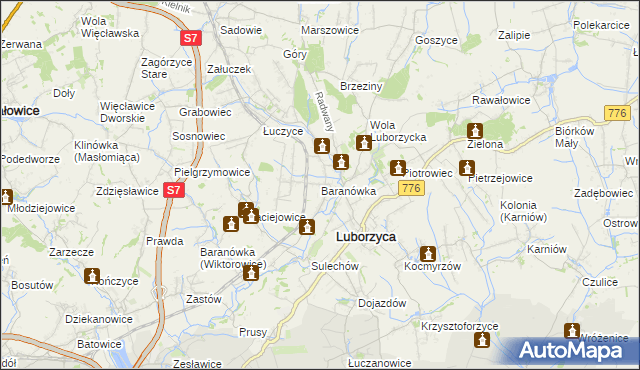 mapa Baranówka gmina Kocmyrzów-Luborzyca, Baranówka gmina Kocmyrzów-Luborzyca na mapie Targeo