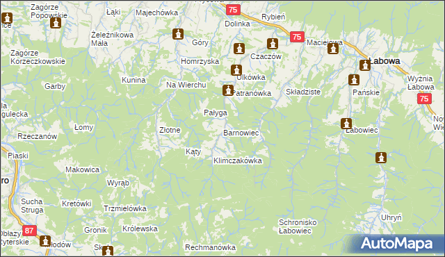 mapa Barnowiec gmina Łabowa, Barnowiec gmina Łabowa na mapie Targeo