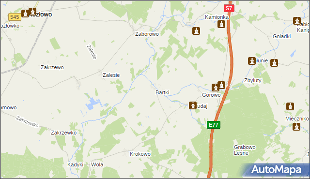 mapa Bartki gmina Kozłowo, Bartki gmina Kozłowo na mapie Targeo