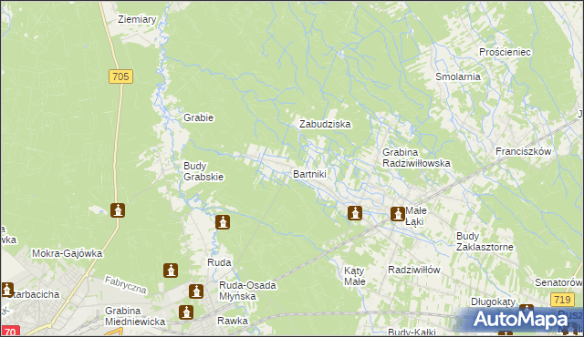 mapa Bartniki gmina Puszcza Mariańska, Bartniki gmina Puszcza Mariańska na mapie Targeo