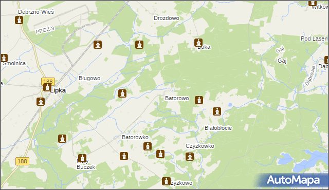 mapa Batorowo gmina Lipka, Batorowo gmina Lipka na mapie Targeo