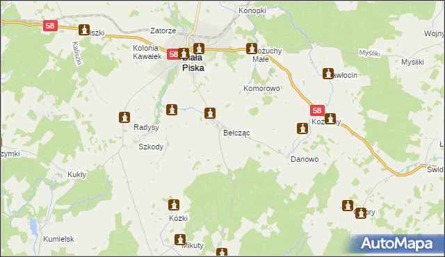 mapa Bełcząc gmina Biała Piska, Bełcząc gmina Biała Piska na mapie Targeo