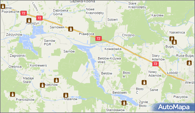 mapa Bełdów-Krzywa Wieś, Bełdów-Krzywa Wieś na mapie Targeo