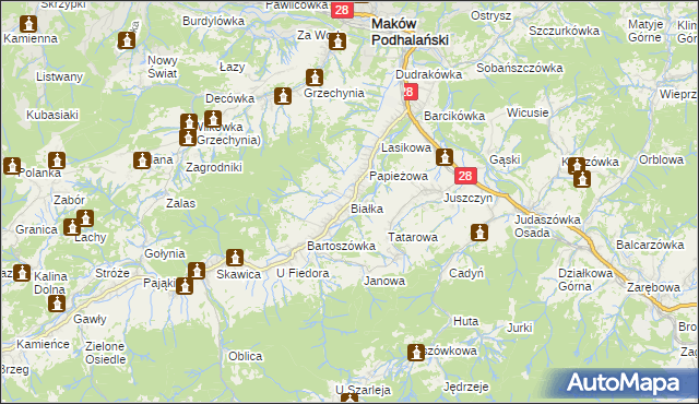 mapa Białka gmina Maków Podhalański, Białka gmina Maków Podhalański na mapie Targeo