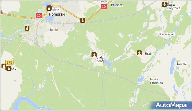 mapa Biały Zdrój gmina Kalisz Pomorski, Biały Zdrój gmina Kalisz Pomorski na mapie Targeo