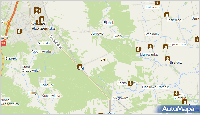 mapa Biel gmina Ostrów Mazowiecka, Biel gmina Ostrów Mazowiecka na mapie Targeo