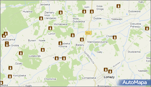 mapa Bielany gmina Łomazy, Bielany gmina Łomazy na mapie Targeo