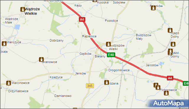 mapa Bielany gmina Wądroże Wielkie, Bielany gmina Wądroże Wielkie na mapie Targeo