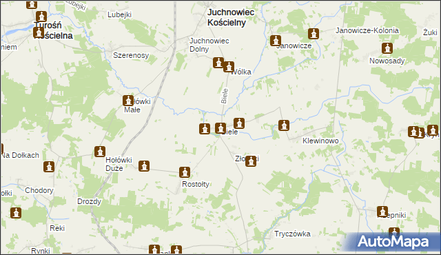 mapa Biele gmina Juchnowiec Kościelny, Biele gmina Juchnowiec Kościelny na mapie Targeo