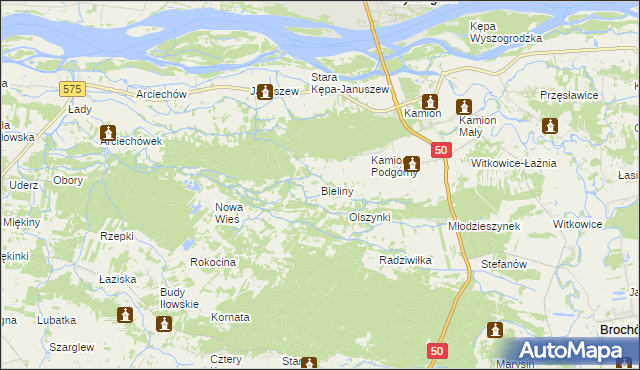 mapa Bieliny gmina Młodzieszyn, Bieliny gmina Młodzieszyn na mapie Targeo