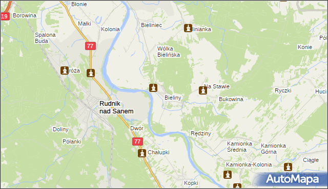 mapa Bieliny gmina Ulanów, Bieliny gmina Ulanów na mapie Targeo