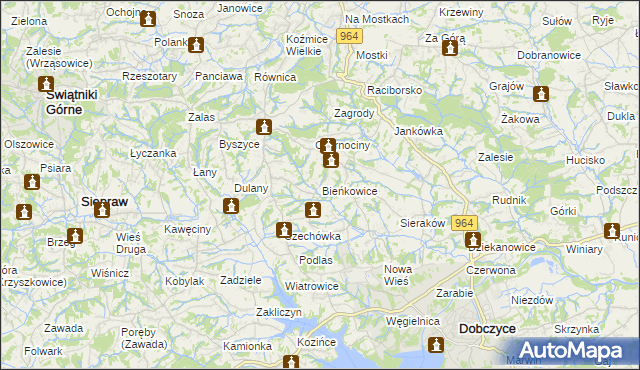 mapa Bieńkowice gmina Dobczyce, Bieńkowice gmina Dobczyce na mapie Targeo