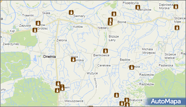 mapa Bieńkowice gmina Drwinia, Bieńkowice gmina Drwinia na mapie Targeo