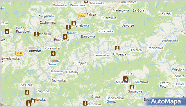 mapa Bieńkówka gmina Budzów, Bieńkówka gmina Budzów na mapie Targeo