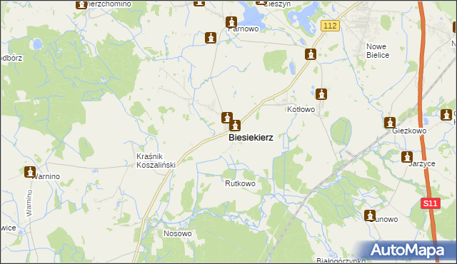 mapa Biesiekierz powiat koszaliński, Biesiekierz powiat koszaliński na mapie Targeo