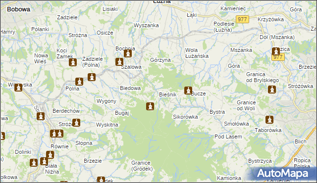 mapa Bieśnik gmina Łużna, Bieśnik gmina Łużna na mapie Targeo