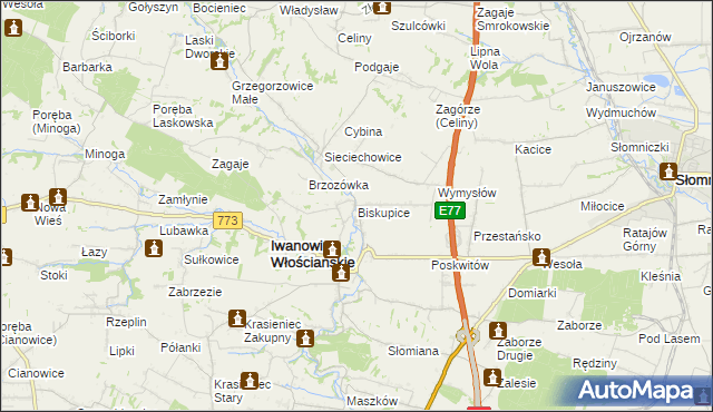 mapa Biskupice gmina Iwanowice, Biskupice gmina Iwanowice na mapie Targeo