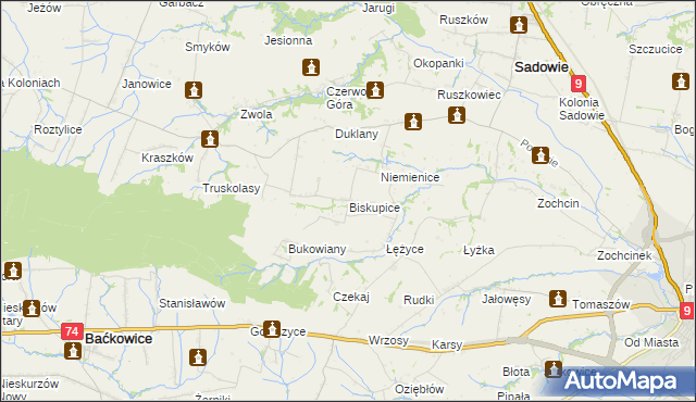 mapa Biskupice gmina Sadowie, Biskupice gmina Sadowie na mapie Targeo