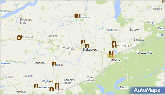 mapa Biskupiec powiat nowomiejski, Biskupiec powiat nowomiejski na mapie Targeo