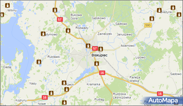 mapa Biskupiec powiat olsztyński, Biskupiec powiat olsztyński na mapie Targeo