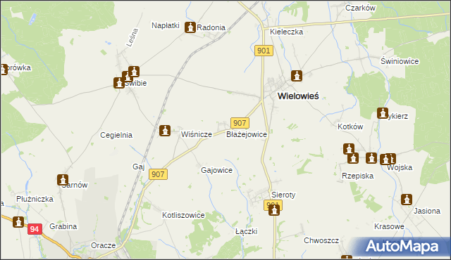 mapa Błażejowice gmina Wielowieś, Błażejowice gmina Wielowieś na mapie Targeo