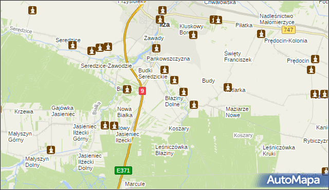 mapa Błaziny Dolne, Błaziny Dolne na mapie Targeo