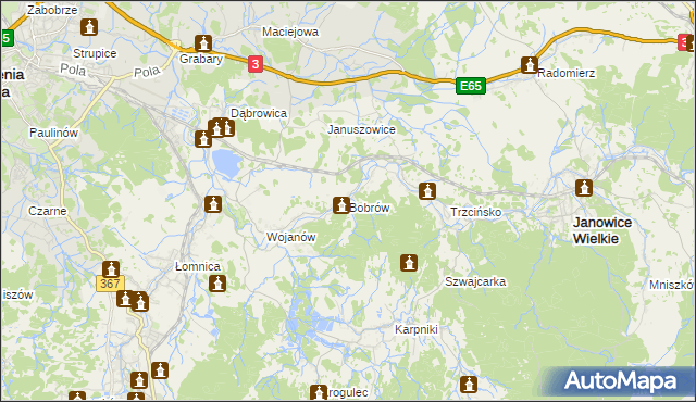 mapa Bobrów gmina Mysłakowice, Bobrów gmina Mysłakowice na mapie Targeo