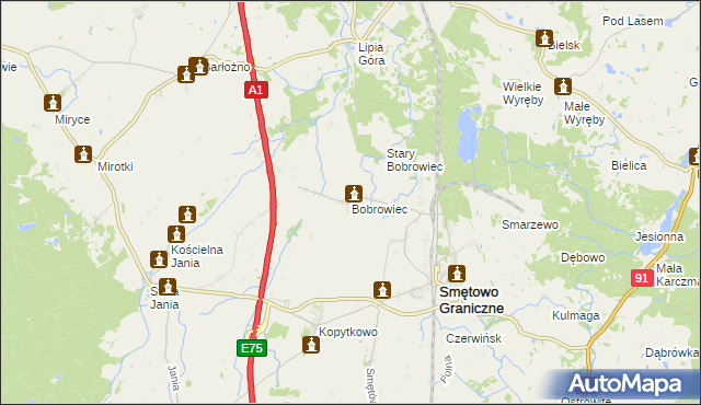 mapa Bobrowiec gmina Smętowo Graniczne, Bobrowiec gmina Smętowo Graniczne na mapie Targeo