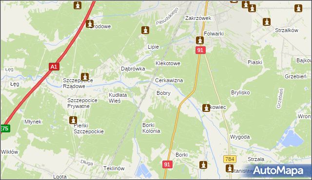 mapa Bobry gmina Radomsko, Bobry gmina Radomsko na mapie Targeo