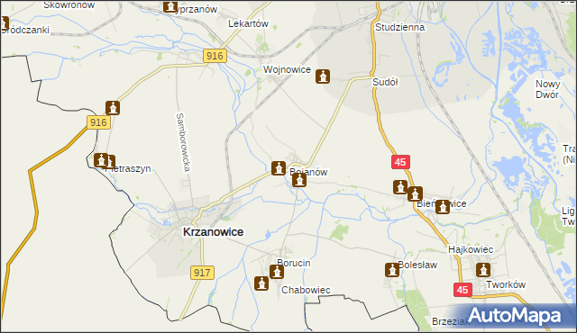 mapa Bojanów gmina Krzanowice, Bojanów gmina Krzanowice na mapie Targeo