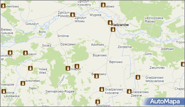 mapa Bojanowo gmina Radzanów, Bojanowo gmina Radzanów na mapie Targeo