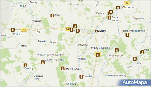 mapa Borawskie gmina Przytuły, Borawskie gmina Przytuły na mapie Targeo