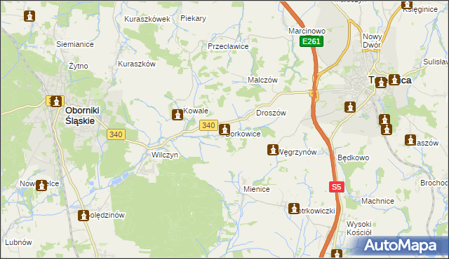 mapa Borkowice gmina Oborniki Śląskie, Borkowice gmina Oborniki Śląskie na mapie Targeo