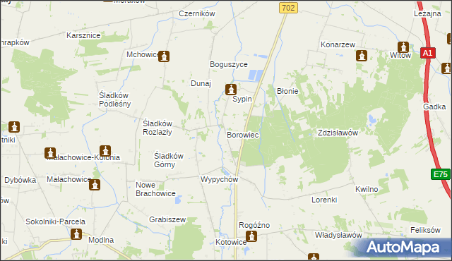 mapa Borowiec gmina Piątek, Borowiec gmina Piątek na mapie Targeo