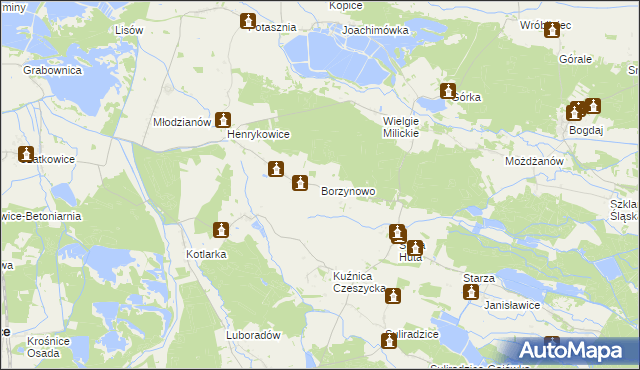 mapa Borzynowo gmina Milicz, Borzynowo gmina Milicz na mapie Targeo