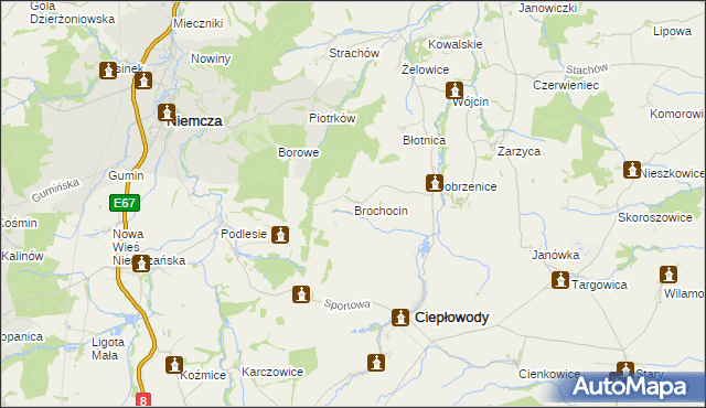 mapa Brochocin gmina Ciepłowody, Brochocin gmina Ciepłowody na mapie Targeo