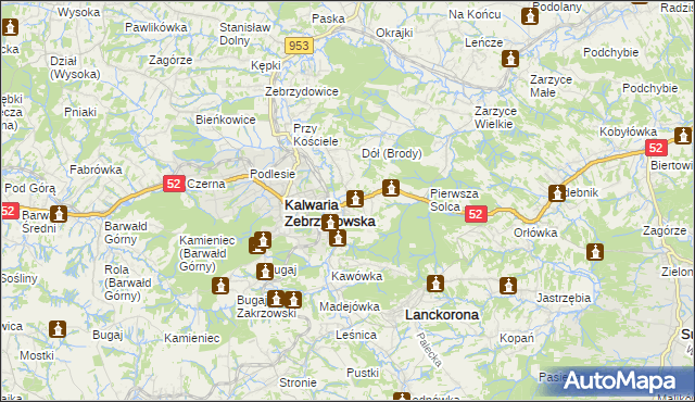 mapa Brody gmina Kalwaria Zebrzydowska, Brody gmina Kalwaria Zebrzydowska na mapie Targeo