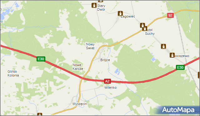 mapa Brójce gmina Trzciel, Brójce gmina Trzciel na mapie Targeo