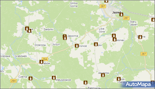 mapa Bronice gmina Jasień, Bronice gmina Jasień na mapie Targeo