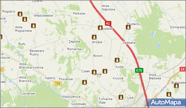 mapa Bronin gmina Stryków, Bronin gmina Stryków na mapie Targeo