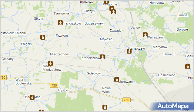 mapa Bronisławów gmina Jasieniec, Bronisławów gmina Jasieniec na mapie Targeo